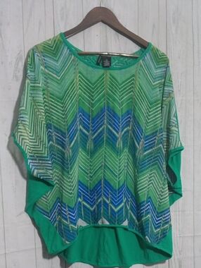 New Directions Green Patterned Women's Top - Lightweight Chevron Print Sz XL